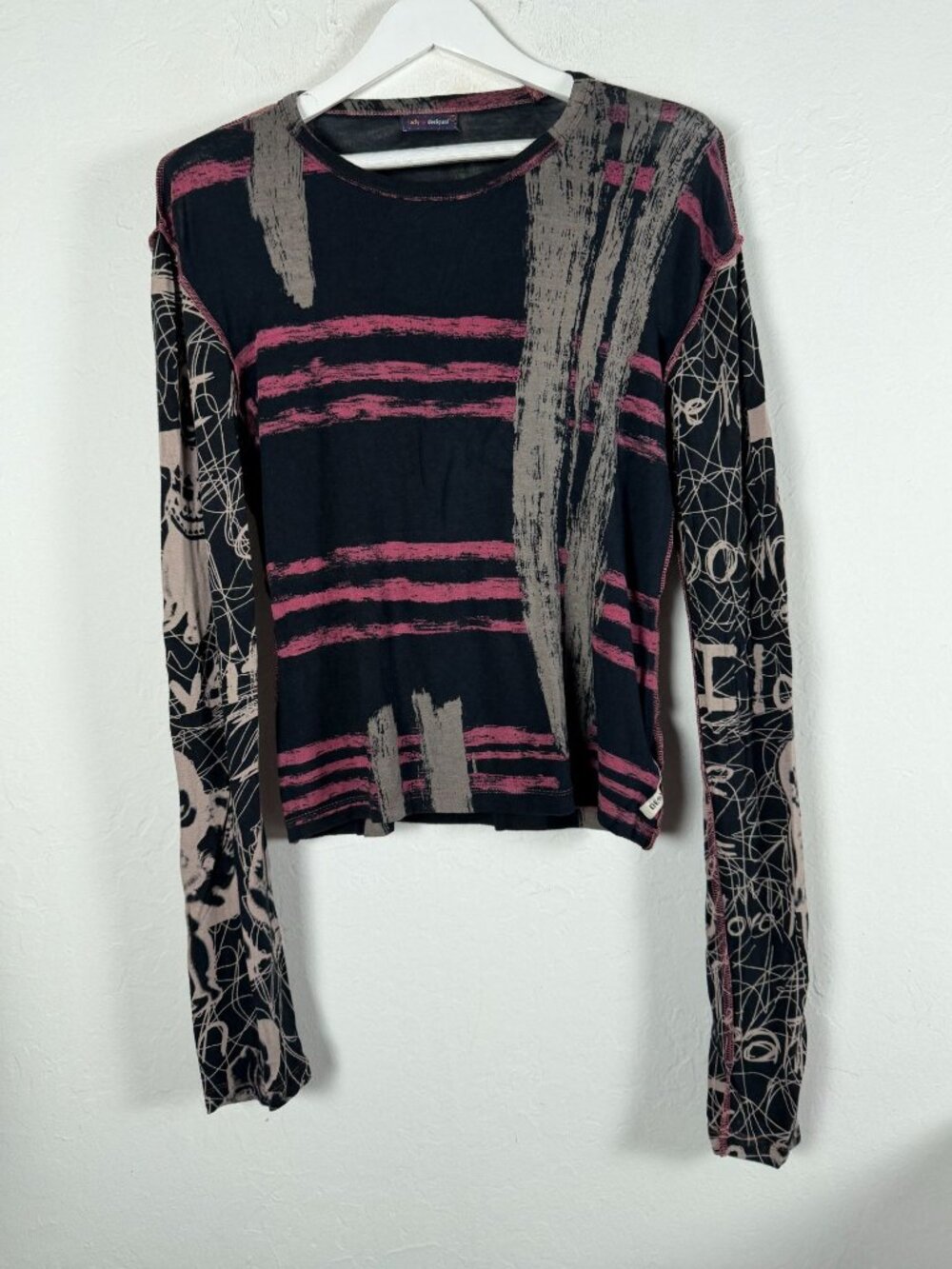 Desigual Womens Long Sleeve Crop Graphic Top Black Pink Abstract Print Large